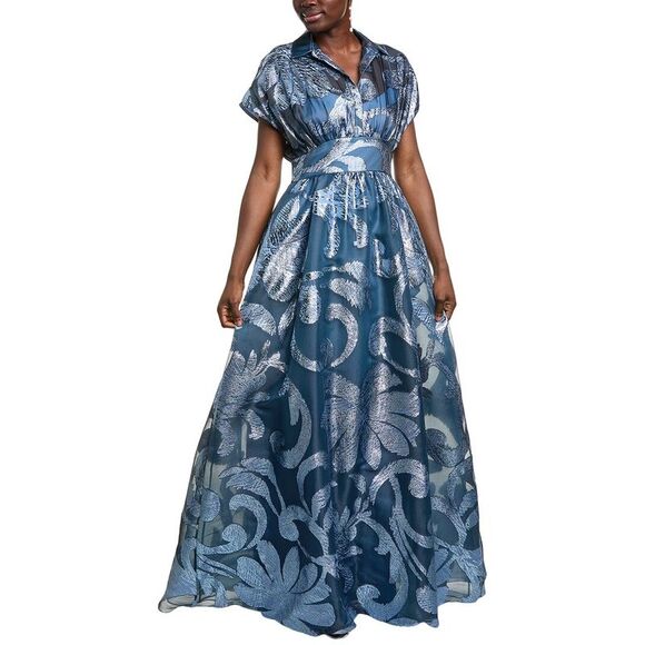 Lela Rose WomensMetallic Floral Fil Coupe Silk-Blend Gown, Blue